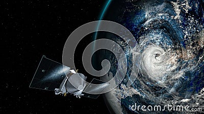 Super Typhoon, strongest storm on Earth. Collage with hurricane, satellite view with spaceship Stock Photo