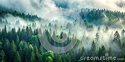 Super Ultrawide Foggy Tree Tops Forest Background AI Generative Stock Photo