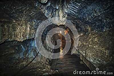 Super wide angle picture from Ialomieti cave in Bucegi mountains Stock Photo