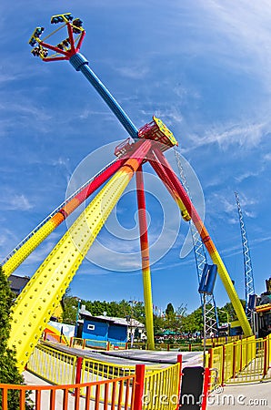 Super wide view of a colorful swings in Prater amusement park at Vienna Stock Photo