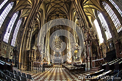 Super wide view inside of saint Stephen's cathedral at downtown of Vienna Editorial Stock Photo