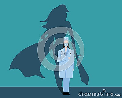 Super woman doctor or nurse. Hospitals superhero fighting for life. Thank you medical personal for work. Vector illustration Vector Illustration