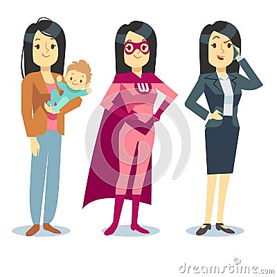 Super woman in superhero costume, mom with baby, businesswoman balancing vector concept Vector Illustration