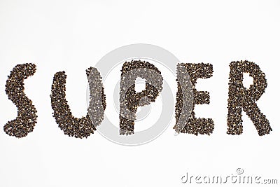 Super word made of chia seeds in white background Stock Photo