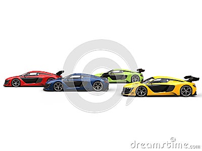 Superb supercars racing - red one leading the close race Stock Photo