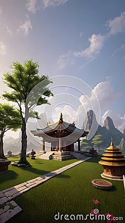 Superb view temple environment in a nature by park foreground Stock Photo