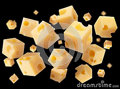 Superbly retouched cheese cubes fly and levitate in space. Isolated not black Stock Photo
