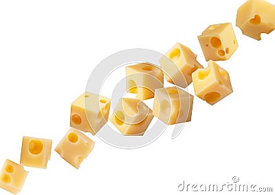 Superbly retouched cheese cubes fly and levitate in space. Isolated not white Stock Photo