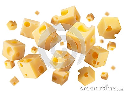 Superbly retouched cheese cubes fly and levitate in space. Isolated not white Stock Photo