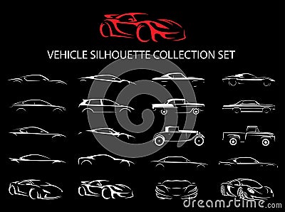 Supercar and regular car vehicle silhouette collection set. Vector Illustration