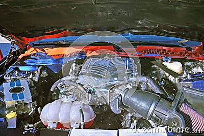 Supercharged Engine In A Ford Mustang Stock Photo