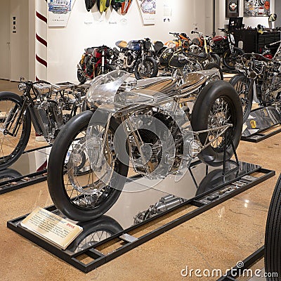 Supercharged Ironhead by Hazan Motorworks on display in the Haas Moto Museum in Dallas, Texas. Editorial Stock Photo