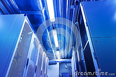 supercomputer clusters in the room data center.Modern network and telecommunication technology computer concept: server room in Stock Photo