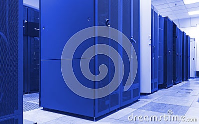 Supercomputer clusters in the room of modren data center. Bkue tone Stock Photo