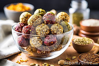 superfood snack balls in a glass bowl on wooden table Stock Photo