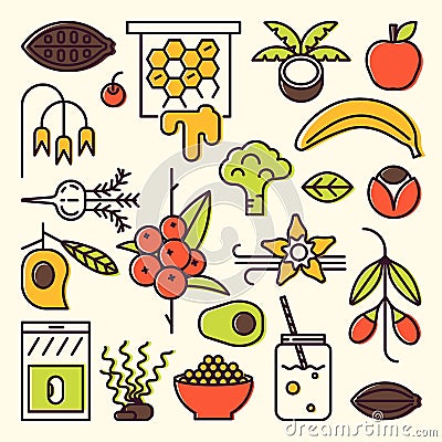 Superfoods color line icons. Vector Illustration
