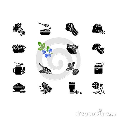 Superfoods variety black glyph icons set on white space Vector Illustration