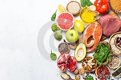 Superfoods on white background. Healthy nutrition. Stock Photo