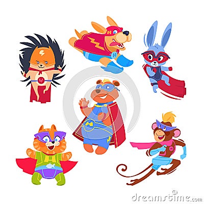 Superhero animal kids. Funny animals wearing superheroes costumes. Cosplay vector characters set Vector Illustration