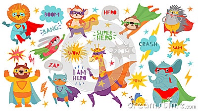 Superhero animals. Cute hero animals with capes and playful masks, brave funny animal comic speech bubbles, cartoon Vector Illustration