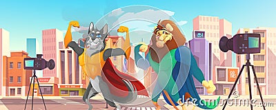 Superhero animals lion and wolf giving interview Vector Illustration