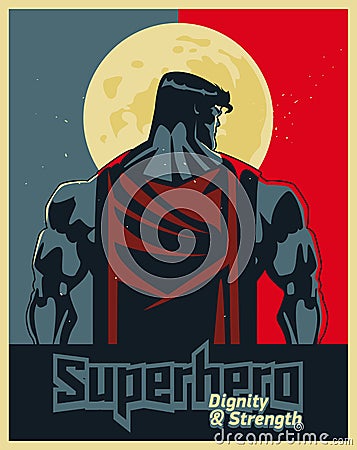 Superhero back on moonlight. Blue and red graphic poster. Vector Illustration