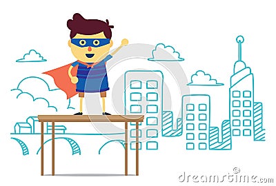 Superhero boy of imagine city stand on box Vector Illustration