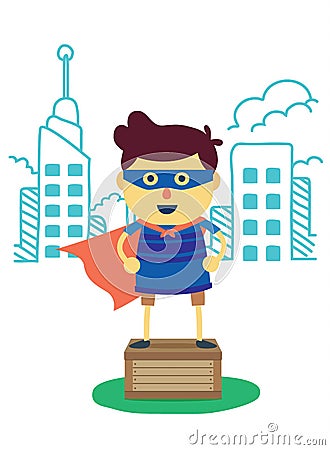 Superhero boy of imagine city stand on box Vector Illustration