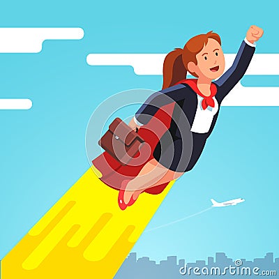 Superhero business woman in cape flying in the sky Vector Illustration