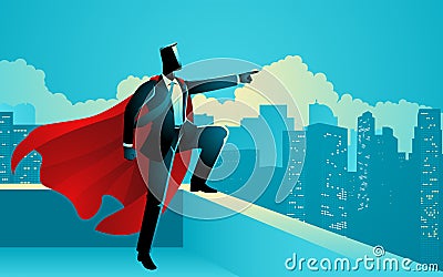 Superhero businessman standing triumphantly atop a skyscraper, pointing towards the city skyline Vector Illustration