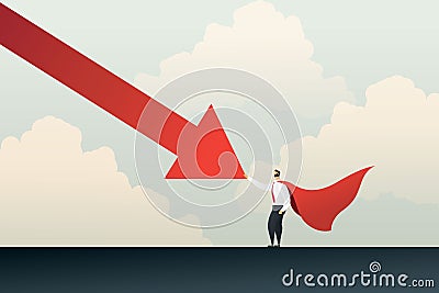 Superhero businessman stop a graph of falling arrows Vector Illustration