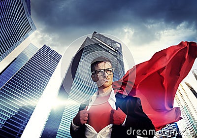 Superhero Businessman Strength Cityscape Cloudscape Concept Stock Photo