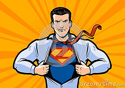 Superhero or businessman tears his shirt. Vector illustration in style comic pop art Vector Illustration