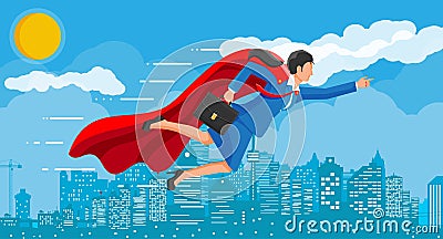 Superhero businesswoman flying over cityscape Cartoon Illustration