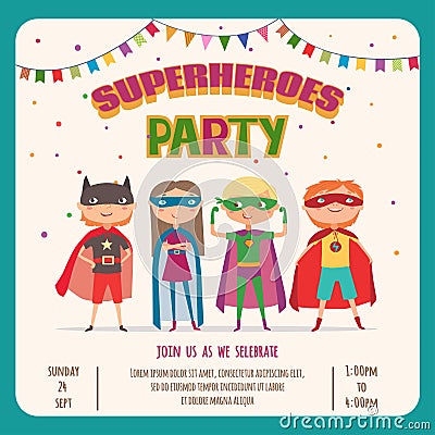 Superhero. Card invitation with group of cute kids Vector Illustration