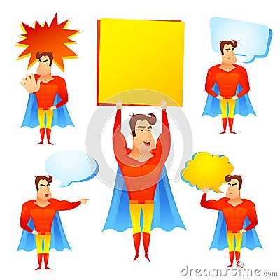 Superhero cartoon character with speech bubbles Vector Illustration