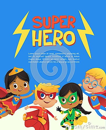 Superhero Children Friend Costume Banner Template. Happy Boy Character and Girl wear Hero Clothes for Kindergarten Party Vector Illustration