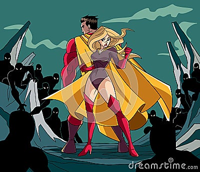 Superhero Couple Back to Back Vector Illustration