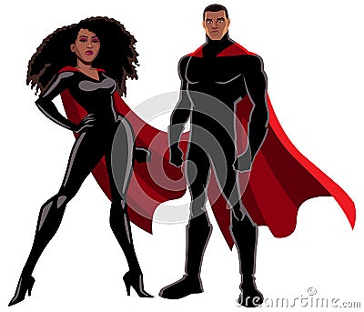 Superhero Couple Black on White Vector Illustration