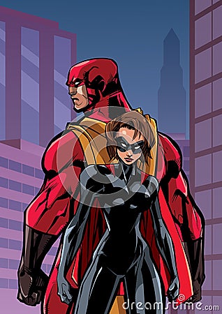 Superhero Couple in City Vector Illustration