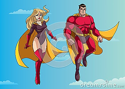 Superhero Couple Flying in Sky Vector Illustration