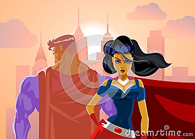 Superhero Couple: Male and female superheroes Vector Illustration