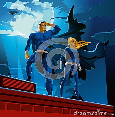 Superhero Couple. Male and female superheroes Vector Illustration