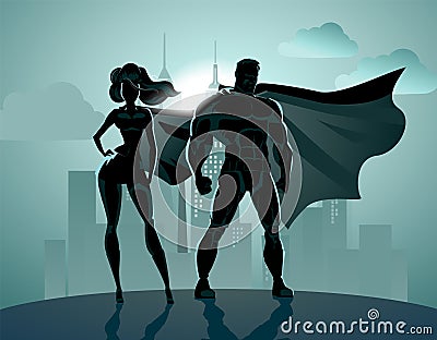 Superhero Couple: Male and female superheroes, posing in front o Vector Illustration