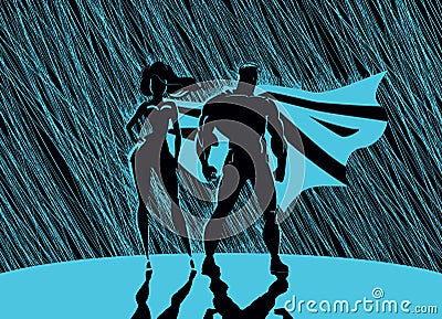 Superhero Couple: Male and female superheroes, posing in front o Vector Illustration