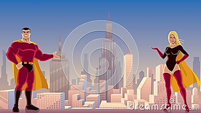 Superhero Couple Presenting Text or Product Vector Illustration