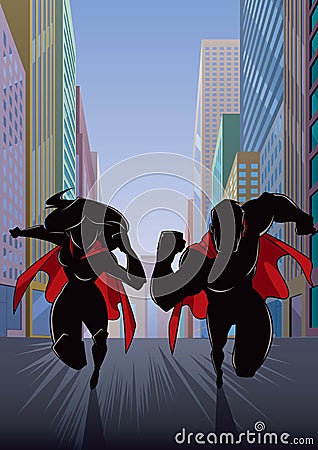 Superhero Couple Running in City Silhouette Vector Illustration