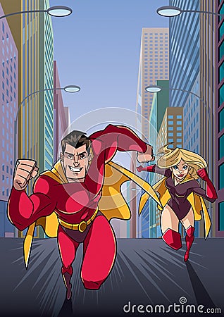 Superhero Couple Running Hero Leads Vector Illustration