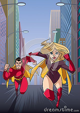 Superhero Couple Running Heroine Leads Vector Illustration