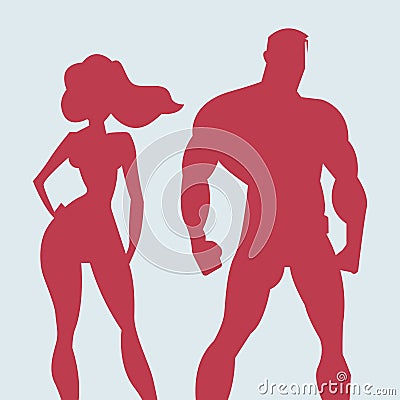 Superhero Couple. silhouette man and woman superheroes. vector illustration in red color Vector Illustration